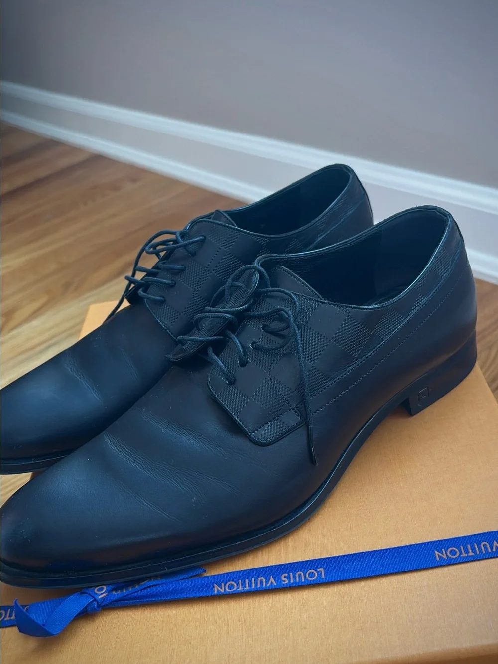 Louis Vuitton Black Derby Dress Shoes with Monogram Check Panels